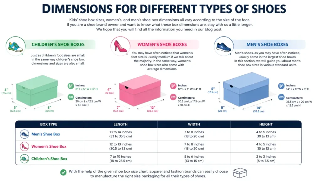 dimensions for different types of shoes